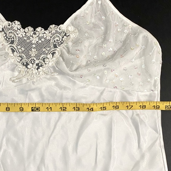 Vintage White Satin Midi Babydoll Slip Dress Lace Sequins Beaded - Picture 9 of 14